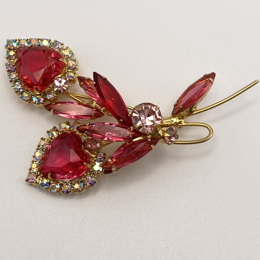 Unsigned D&E Juliana Heart Brooch Floral Pink Red Rhinestone AB Vintage Retro 3"